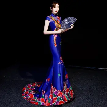 Parti Akşam Cheongsam Retro Seksi Ince Nakış Elbise Evlilik Elbisesi Çin Tarzı Düğün Uzun Qipao Bodycon Elbise Vestido