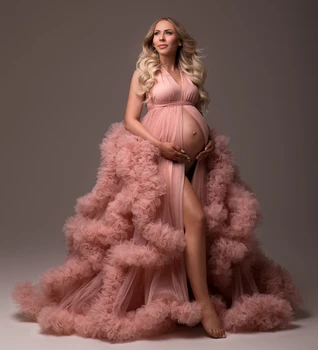 Pembe Annelik Elbiseler Fotoğrafçılık için Halter Katmanlı Ruffles Hamile Kadınlar Elbiseler Seksi V Boyun Ön Bölünmüş Bebek Duş Önlük