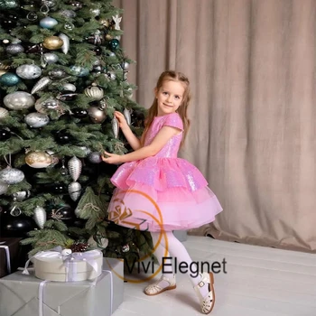 Pembe Scoop Diz Boyu Çiçek Kız Elbise Yaz Katmanlı Fermuar Geri Kış Noel Elbisesi Prenses فساتين بنات صاار
