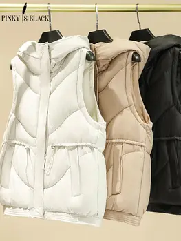 PinkyIsBlack 2023 Yeni Kısa Kolsuz Kapşonlu Kirpi Yelek Ceket Sonbahar Kış Yelek Kadın Aşağı Pamuk Sıcak Yelek Kadın Ceket