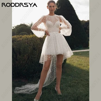 RODDRSYA O-Boyun düğün elbisesi Uzun Kabarık Kollu Illusion ButtonBack gelin kıyafeti Tül Robe De Mariée Aplike Kısa Artı Boyutu