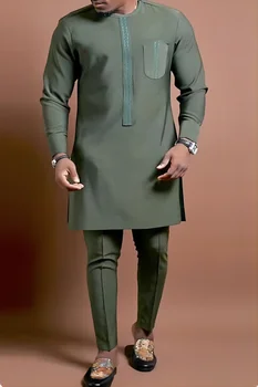 Rahat erkek Setleri Afrika Ulusal Tarzı Düz Renk erkek Yuvarlak Yaka Takım Elbise İki parçalı Set Yeni 2023 Parti Düğün Erkek Takım Elbise