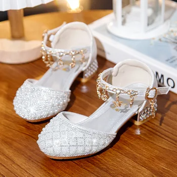 Rindu Kızların Prenses Ayakkabı Yumuşak Taban çocuk Beyaz İnci Çiçek çocuk ayakkabıları Küçük Kızların Yürüyüş Gösterisi Kristal Yüksek Topuklu