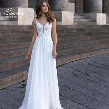 Sadelik A-line Kat Uzunluk düğün elbisesi Şifon Dantel Balo Plaj V Yaka Kolsuz gelinlikler Backless Vestido D