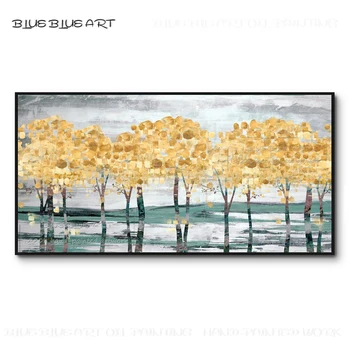Saf El-boyalı Soyut Altın Ağaçları Akrilik Resim Tuval üzerine El Yapımı Soyut Altın Renk Manzara Ağacı Akrilik Resim