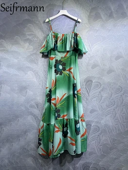 Seifrmann Yüksek Kalite Yaz Kadın Moda Pist tatil elbisesi Seksi Spagetti Kayışı Çiçek Baskı Ruffles Trim Hem Gevşek Elbise