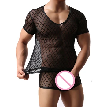 Seksi Erkek Fanila Şeffaf Spor Üstleri Kısa Kollu Örgü T Shirt Fishnet Şeffaf baksır şort Eşcinsel İç Çamaşırı Erkek Giyim Seti