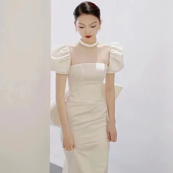 Seksi Gelin Beyaz Saten düğün elbisesi Fransız Uzun Mermaid Örgün Balo elbisesi Elbiseler De Soirée