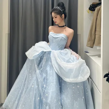 Seksi Tüp Üst Abiye Prenses Peri Mavi Bir Çizgi Balo Parti Kıyafeti Vestidos De Fiesta