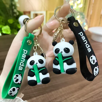 Sevimli Karikatür Aptal ve Sevimli Holding Bambu Küçük Panda Çift çanta anahtarlığı Bebek Kolye Araba Anahtarı Aksesuarları