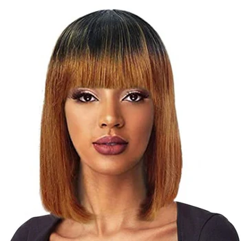 Siyah Kadınlar için insan saçı Peruk Kısa Bob Düz Saç kahküllü peruk Brezilyalı Kağıt Oyunu Bal Sarışın Yok Dantel ön peruk