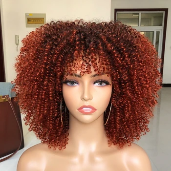 Siyah Kadınlar için kıvırcık Peruk Afro Kinky Kıvırcık kahküllü peruk Kısa Afro Kıvırcık Peruk 14 İnç Sentetik Saç Değiştirme Peruk