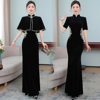 Siyah Moda Qipao Şal Elegance Modern Asya Elbise Retro Çin Tarzı Uzun Cheongsam Kadın Çin Giyim Ince Balık Kuyruğu Elbise