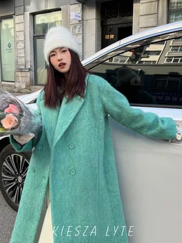 Sokak Modası 2023 Sonbahar Kış Yeni Yüksek Kaliteli %50 % Yün Ceket kadın Orta Uzunlukta Gevşek Fit Vintage Yün Sıcak Dış Giyim