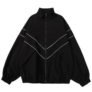 Sonbahar Erkek Bombacı Ceketler Hip Hop Basit Yansıtıcı Şerit Rüzgarlık 2023 Streetwear Harajuku Rahat Moda Giyim Mont