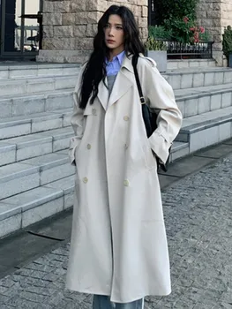 Sonbahar Kore Kadın Gevşek Midi Rüzgarlık 2023 Moda Yeni Turn-aşağı Boyun Bayan Düz Siper Coat70 Vintage Uzun Kollu Palto