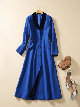 Sonbahar Kış Uzun Trençkot Kadınlar için 2023 Turn Down Yaka Tek Göğüslü Rüzgarlık Mavi Ceket Zarif Giyim