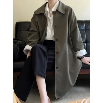 Sonbahar kadın tarzı Güney Kore moda yeni gevşek orta uzun rahat kadın ceket düğmesi uzun kollu yaka