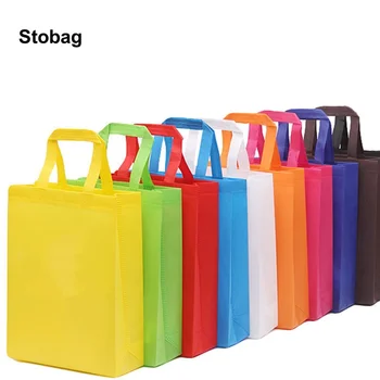 StoBag 10 adet Renk dokunmamış Alışveriş Tote Çanta Bez Kumaş Çevre Dostu Depolama Kullanımlık Büyük Torbalar Özel Logo (ekstra Ücret)