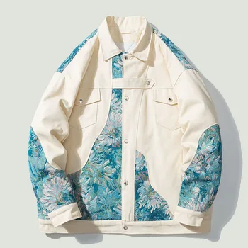 Streetwear Vintage Ceketler Erkek Japon Harajuku Desen Nakış Patchwork Mont Hip Hop Rahat Gevşek kolej ceketi Unisex