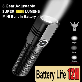 Süper Parlak Mini LED el feneri USB C Şarj Edilebilir Güçlü Meşale Güçlü 3 Modu 18650 Pil El Feneri Kamp Lambası