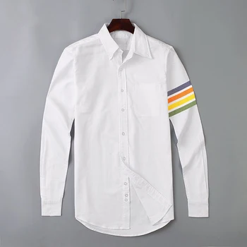 TB THOM Gömlek Erkekler Uzun Kollu Renkli Çizgili Tasarım Casual Gömlek Moda Kalite Turn Down Yaka Oxford Iş erkek Tops