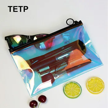 TETP 10 Adet Kalınlaşmak Lazer Şeffaf fermuarlı çantalar çekme halkası İle Seyahat makyaj fırçası Depolama Organizatör Ambalaj İyilik Yeniden Kullanılabilir