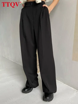 TTQV Zarif Siyah Basit kadın pantolonları 2023 Moda Katı Yüksek Bel Pantolon Rahat Yeni İnce Tam Boy Pantolon Kadın Giyim