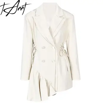 Tannt Kadın Elbise Asimetri Patchwork Moda Blazer Elbiseler Düzensiz Uzun Kollu Bandaj Beyaz Vintage Elbiseler 2023 Yeni