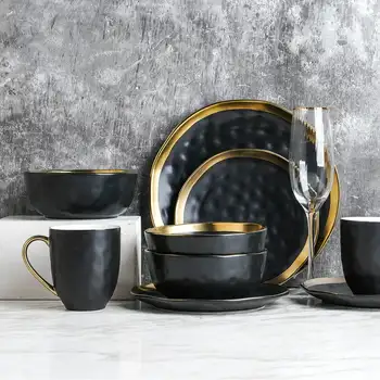 Tasarım Lüks, Zarif Altın ve Siyah Tasarım Florian 16 Parçalı Modern Porselen Tabak 4 kişilik Set-Her Türlü Sofra Takımı için Mükemmeldir.