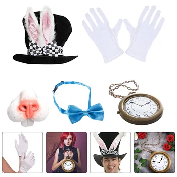 Tavşan Kostüm Seti Beyaz Tavşan Kulak Şapka papyon Eldiven cep saati Burun Elbise seti Yetişkinler için Karnaval Hediye