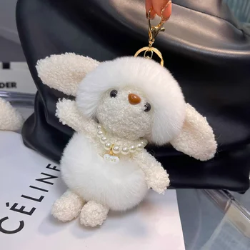 Tavşan İnci Gerçek Kürk El Yapımı Sevimli Anahtar Zincirleri Anahtarlıklar Çanta Aksesuarı Araba Çanta Anahtarlık Kadınlar Kızlar için Anahtarlıklar Hediyeler