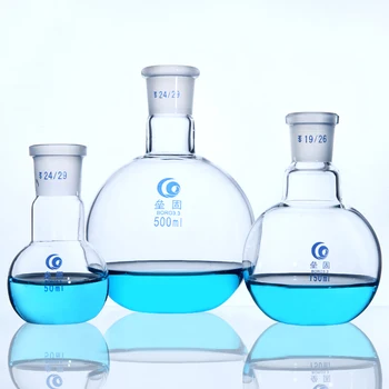 Tek Bağlantı Noktalı cam şise düz tabanlı Kalınlaşmak Borosilikat Cam yüksek sıcaklık dayanımı Standart şişesi laboratuvar