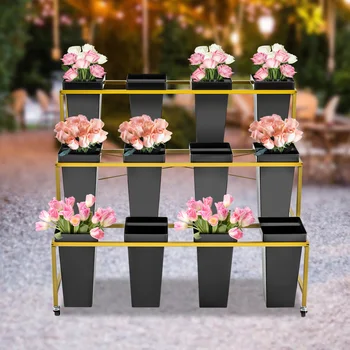 Tekerlekler ile 3 Katmanlar Metal Bitki Standı 12 ADET Kovalar İle Çiçek Ekran Standı