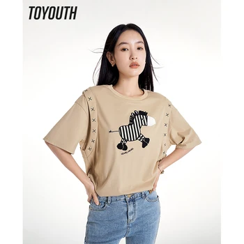 Toyouth Kadın Sahte İki Parçalı T-shirt 2023 Yaz Kısa Kollu Yuvarlak Boyun Gevşek Tees Zebra Desen Pamuk Rahat Tasarım Tops