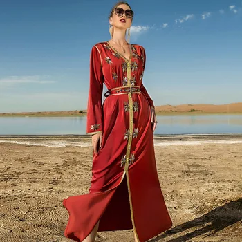 Turuncu Arapça Elbise Ağır Sanayi El Dikili Elmas Kadın Parti Elbise Orta Doğu Kadın Giyim