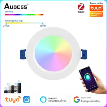 Tuya Zigbee 3.0 Akıllı Led Downlight 10 / 12W RGBCW 3.5 / 4 İnç yuvarlak Tavan ışığı Kapalı Spot Aydınlatma Alexa SmartThings Akıllı Ev