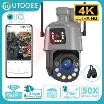 UTOOEE 4K 8MP Metal Çift Lens PTZ Wifi Kamera Açık 50X Optik Zoom AI İnsan Algılama 150M Gece Görüş IP Kamera iCsee