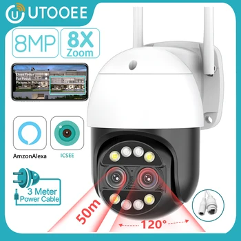 UTOOEE 4K 8MP Çift Lens WİFİ Gözetim Kamera AI İnsan İzleme 8X Zoom Açık Su Geçirmez PTZ IP Kamera CCTV iCSee Alexa