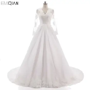 Vestido de noiva Vintage V Yaka Backless Gelinlikler Dantel Aplike Gelin Elbiseler Uzun Kollu Gelinlik