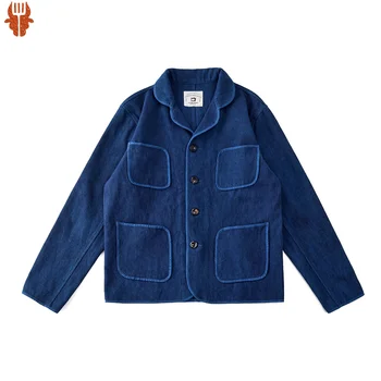 Vintage El Yapımı Indigo Ceket Erkekler İlkbahar Sonbahar Yeni Yaka Çok cep Bitki Mavi Boyalı Uzun Kollu Ceket Rahat Hırka Ceket