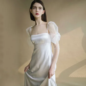 Vintage Fransız Beyaz Saten Gelinlik Zarif Gelin Uzun Kuyruk balo elbisesi Robe De Soiree