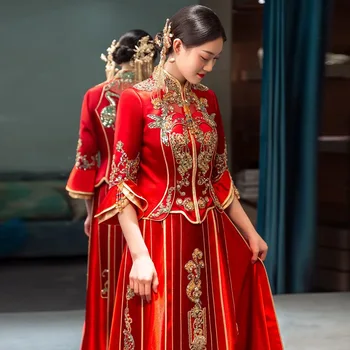 Vintage Şık Gelin Saten Cheongsam Çin Tarzı Sequins Boncuk Püsküller düğün elbisesi Resmi Ziyafet Elbise Kostüm