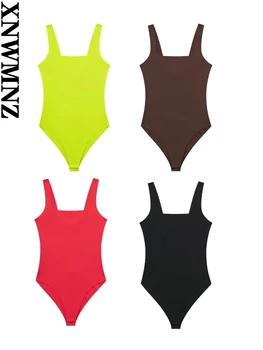 XNWMNZ kadın Moda 2023 Gömme bodysuit Kadınlar Casual Çok Yönlü Kare Boyun Geniş Sapanlar Snap-düğme Kadın Bodysuit