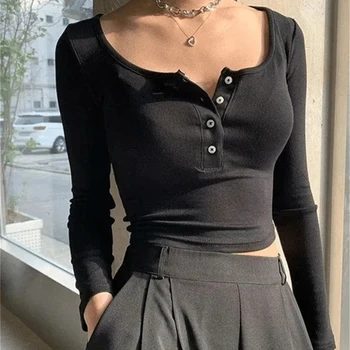 Y2k Vintage Kırpma Üst Uzun Kollu Düğme Tee Harajuku 2000s Vintage Gotik Slim sağlıklı tişört Kadınlar Temel güz giyimi Streetwear