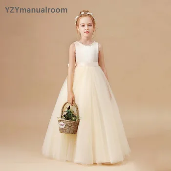 YZYmanualroom Kolsuz Saten Dantel Çiçek Kız Elbise 2023 Dantel Genç Nedime Elbisesi Konser doğum günü partisi kız elbisesi