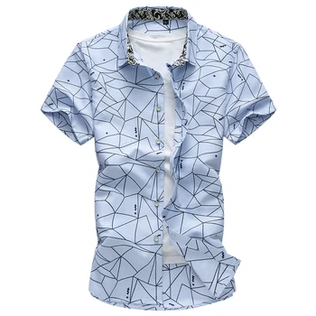 Yaz Erkekler Geometrik Ekose baskılı Hawaiian tatil Kısa kollu gömlek camisa masculina erkek Marka rahat gömlek