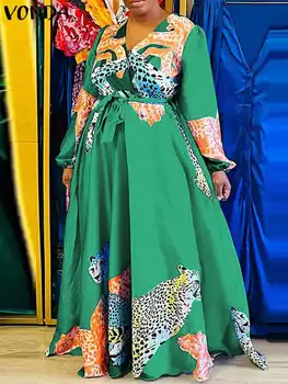 Yaz Maxi Sundress VONDA Kadınlar Vintage Elbise 2023 V Yaka Kuşaklı Baskılı Casual Pileli Fener Kollu Bohemian Zarif Elbise