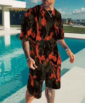 Yaz Moda 2 Parça Setleri Eşofman erkek Büyük Boy Elbise Tshirt Şort Retro Plaj Tarzı 3D Baskılı T Shirt Erkek Takım Elbise