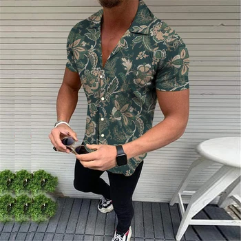 Yaz Moda Rahat Gömlek İnce Tarzı Plaj Tarzı Baskılı Kısa Kollu Üst Tropikal erkek Yaka Düğmesi Tek Göğüslü Bluzlar